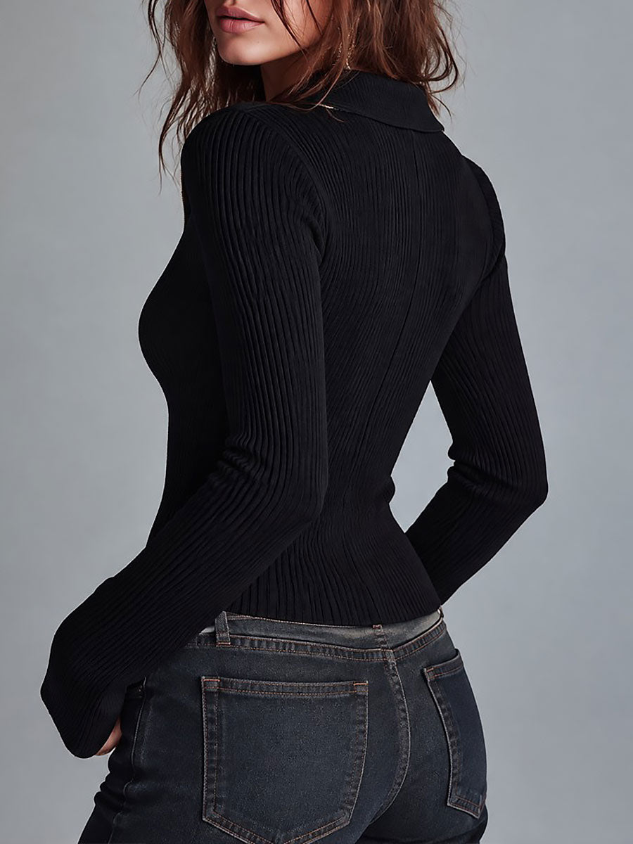 Boho Black Ribbed Knit Zip-Up Collared Long Sleeve Fitted Sweater