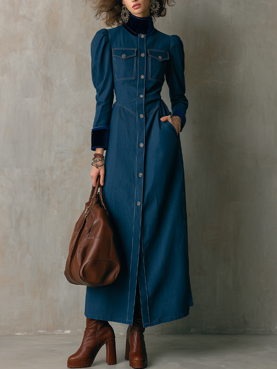 Vintage Dark Blue Puff Sleeve Button Front Denim Maxi Dress