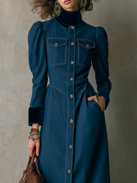 Vintage Dark Blue Puff Sleeve Button Front Denim Maxi Dress