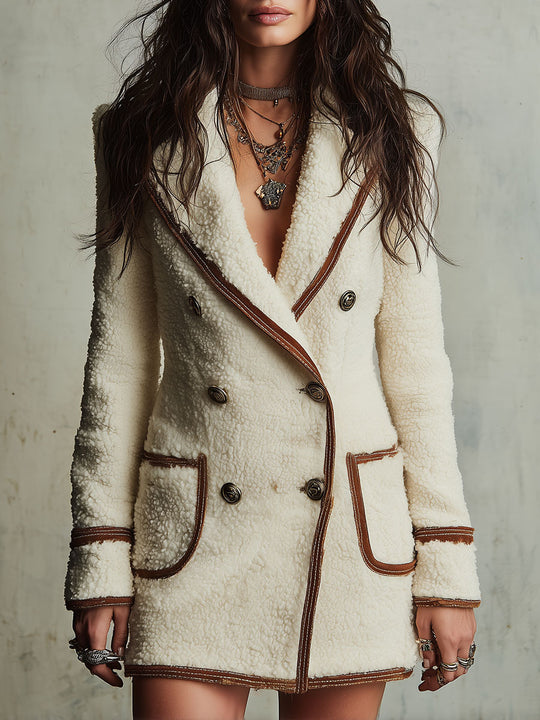 Boho Cream Sherpa Double-Breasted Coat with Brown Contrast Piping