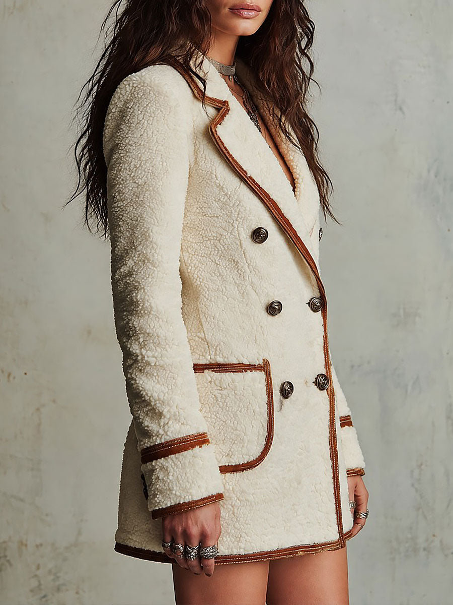 Boho Cream Sherpa Double-Breasted Coat with Brown Contrast Piping