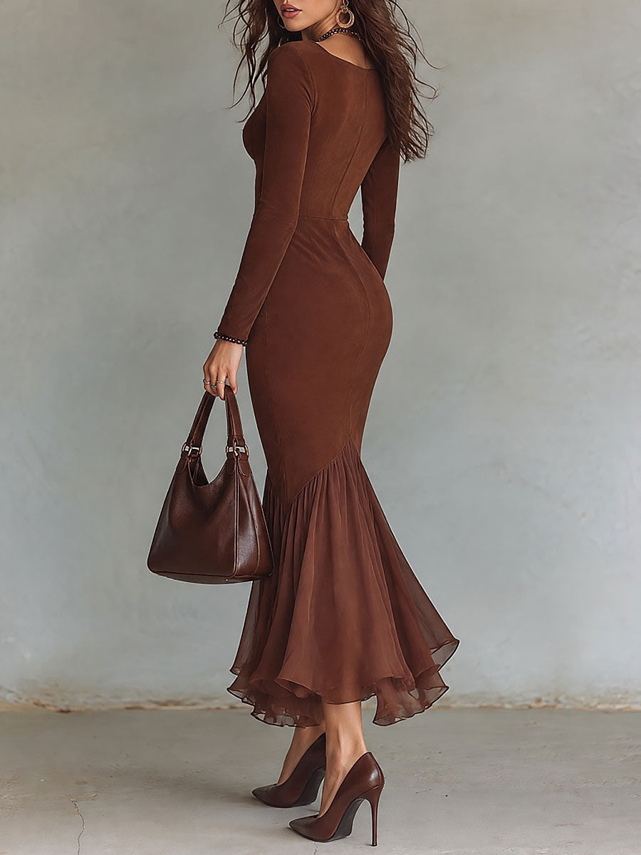 Boho Square Neck Long Sleeve Bodycon Maxi Dress with Chiffon Mermaid Hem
