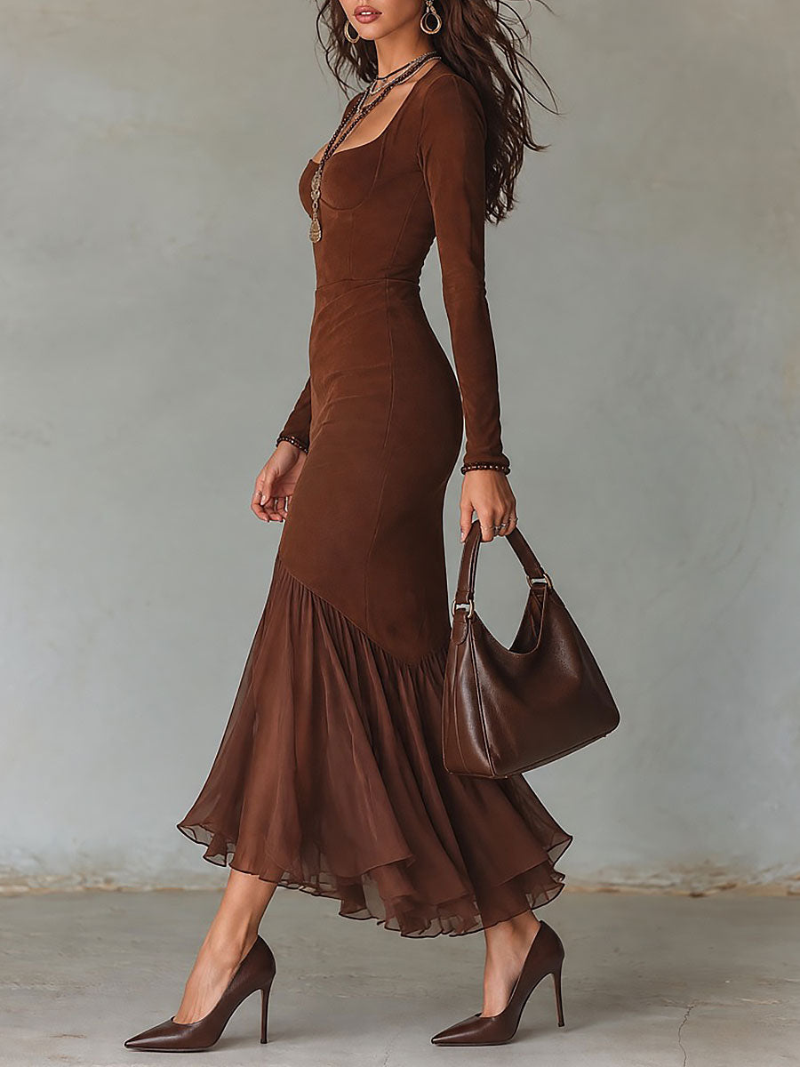 Boho Square Neck Long Sleeve Bodycon Maxi Dress with Chiffon Mermaid Hem
