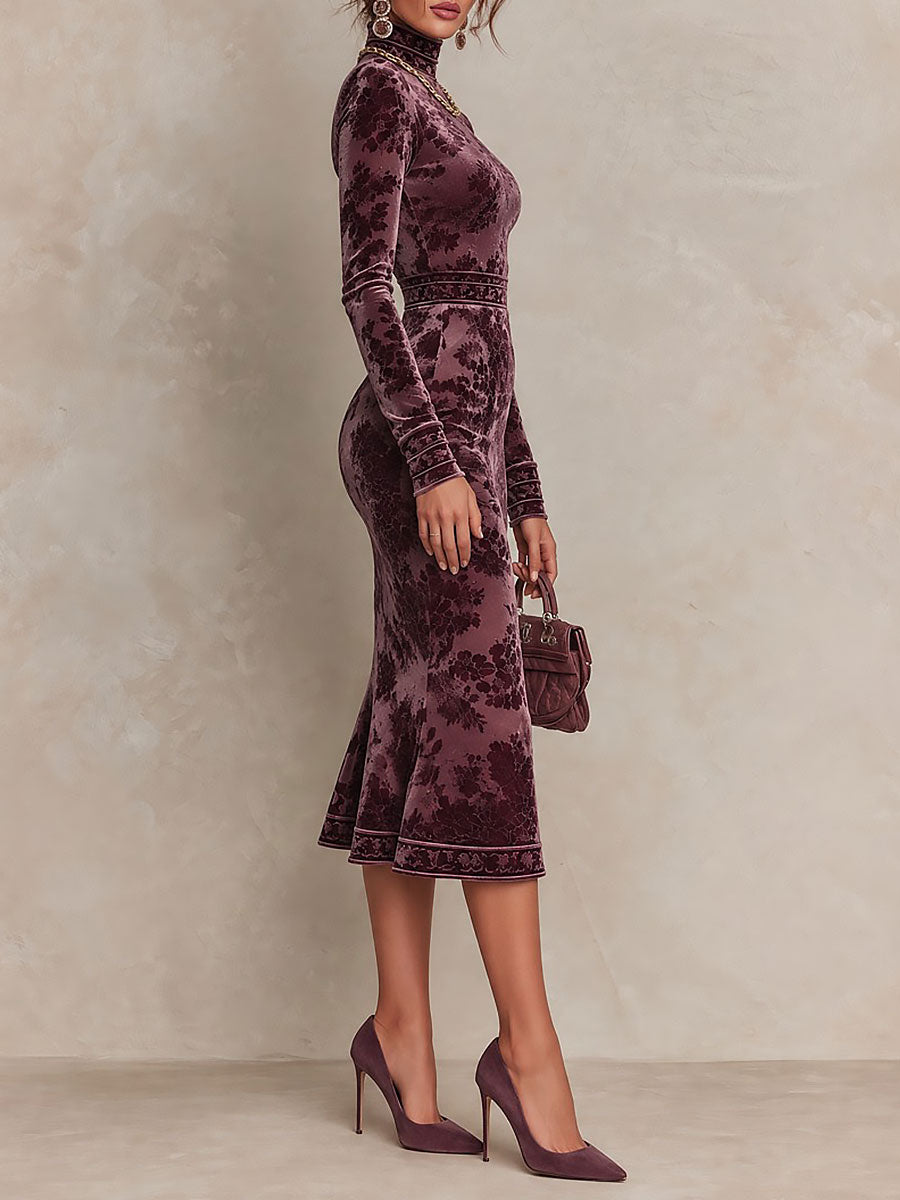 Retro Floral Print Velvet Mock Neck Long Sleeve Mermaid Midi Dress