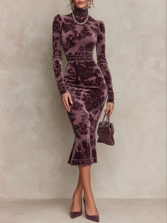 Retro Floral Print Velvet Mock Neck Long Sleeve Mermaid Midi Dress