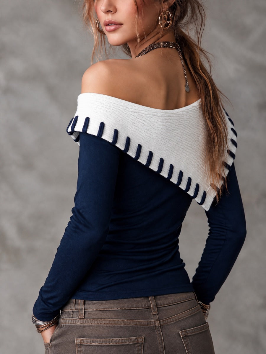Women's Navy Asymmetric Fold-Over Collar Off-Shoulder Long Sleeve Top With Contrast Stitch Trim