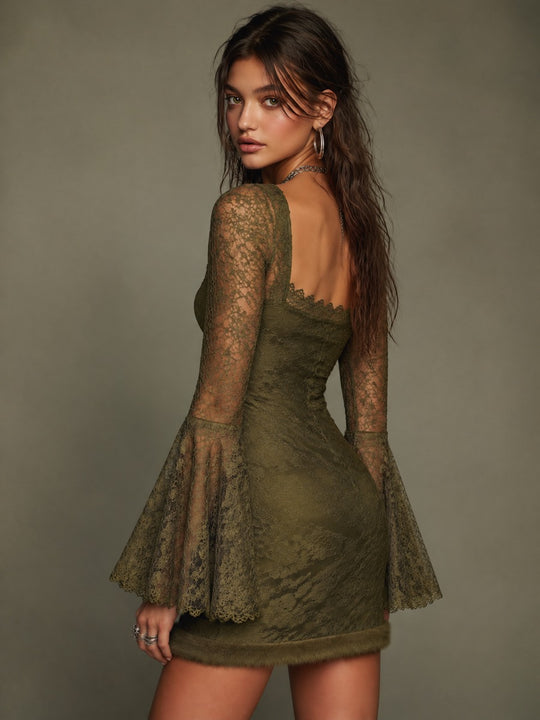 Olive Green Lace Square Neck Bell Sleeve Bodycon Mini Dress with Faux Fur Hem