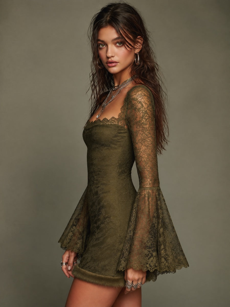 Olive Green Lace Square Neck Bell Sleeve Bodycon Mini Dress with Faux Fur Hem