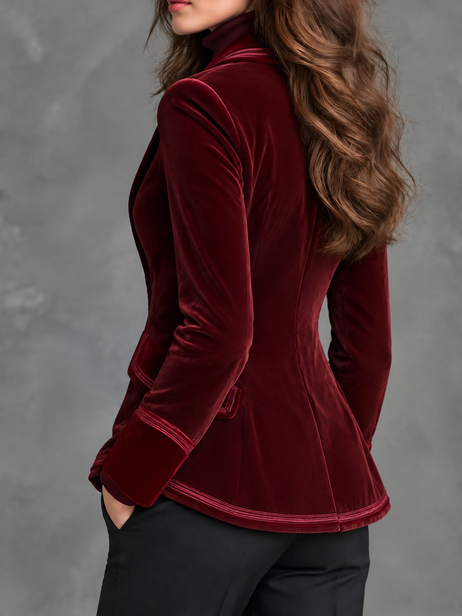 Retro Burgundy Velvet Shawl Collar Blazer With Satin Piping
