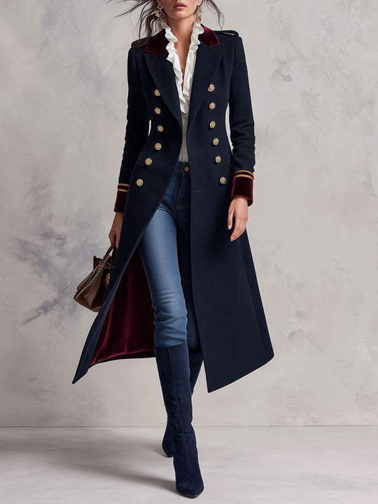 Women's Navy Military Double-Breasted Coat with Burgundy Velvet Collar