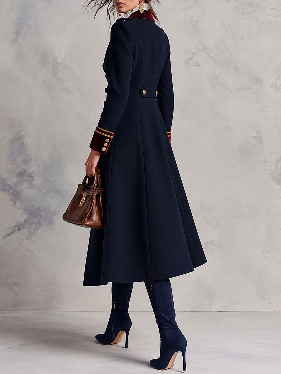 Women's Navy Military Double-Breasted Coat with Burgundy Velvet Collar