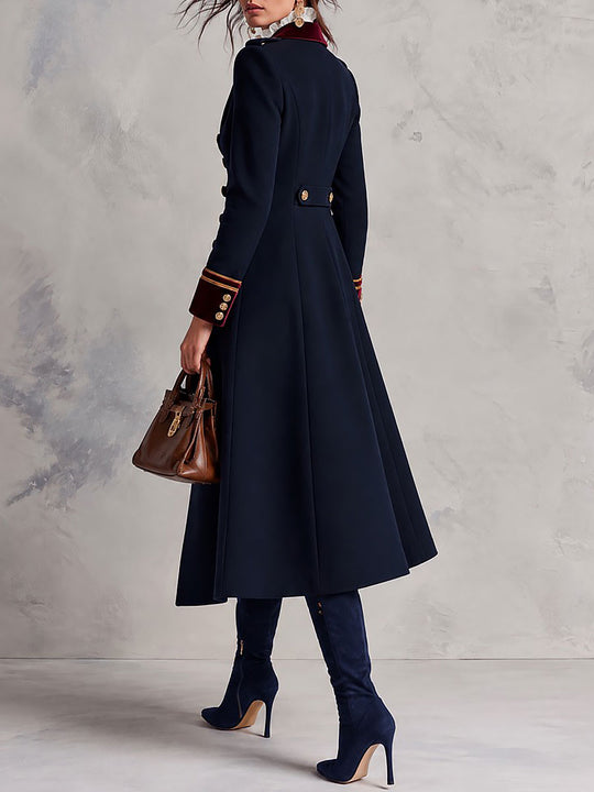 Women's Navy Military Double-Breasted Coat with Burgundy Velvet Collar