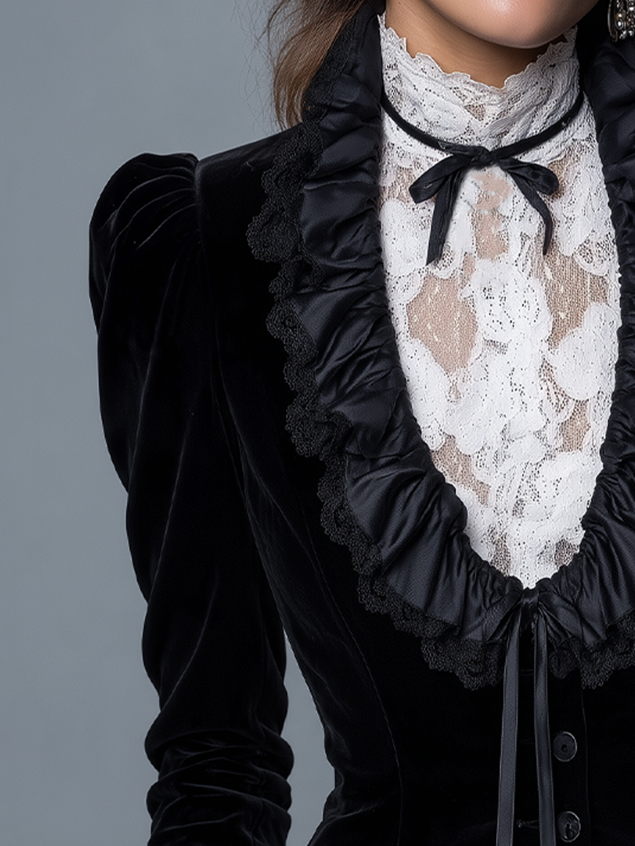 Vintage Black Velvet Ruffle Trim Lace Panel Fitted Blouse