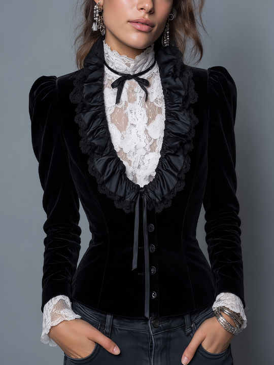 Vintage Black Velvet Ruffle Trim Lace Panel Fitted Blouse