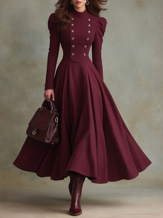 Retro Burgundy Stand Collar Puff Sleeve Maxi Dress with Double-Breasted Button