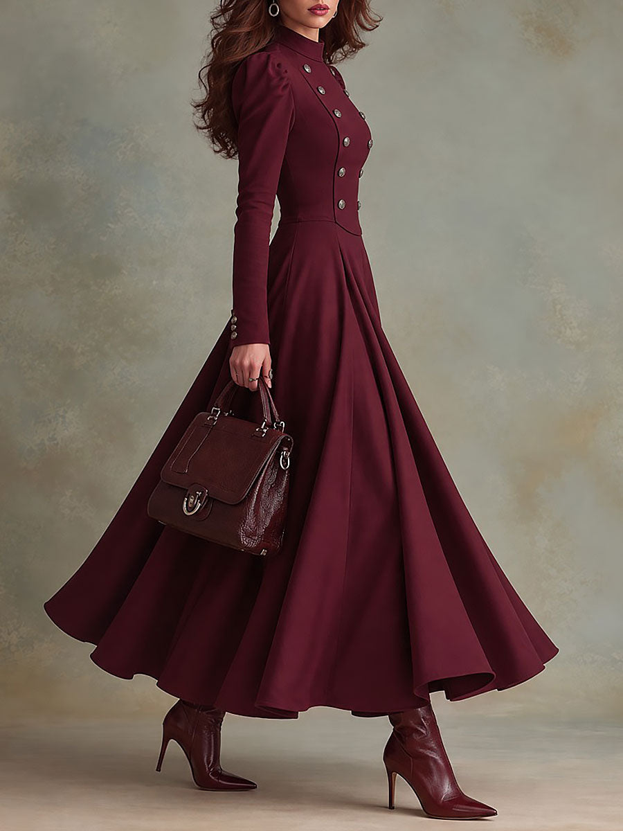 Retro Burgundy Stand Collar Puff Sleeve Maxi Dress with Double-Breasted Button
