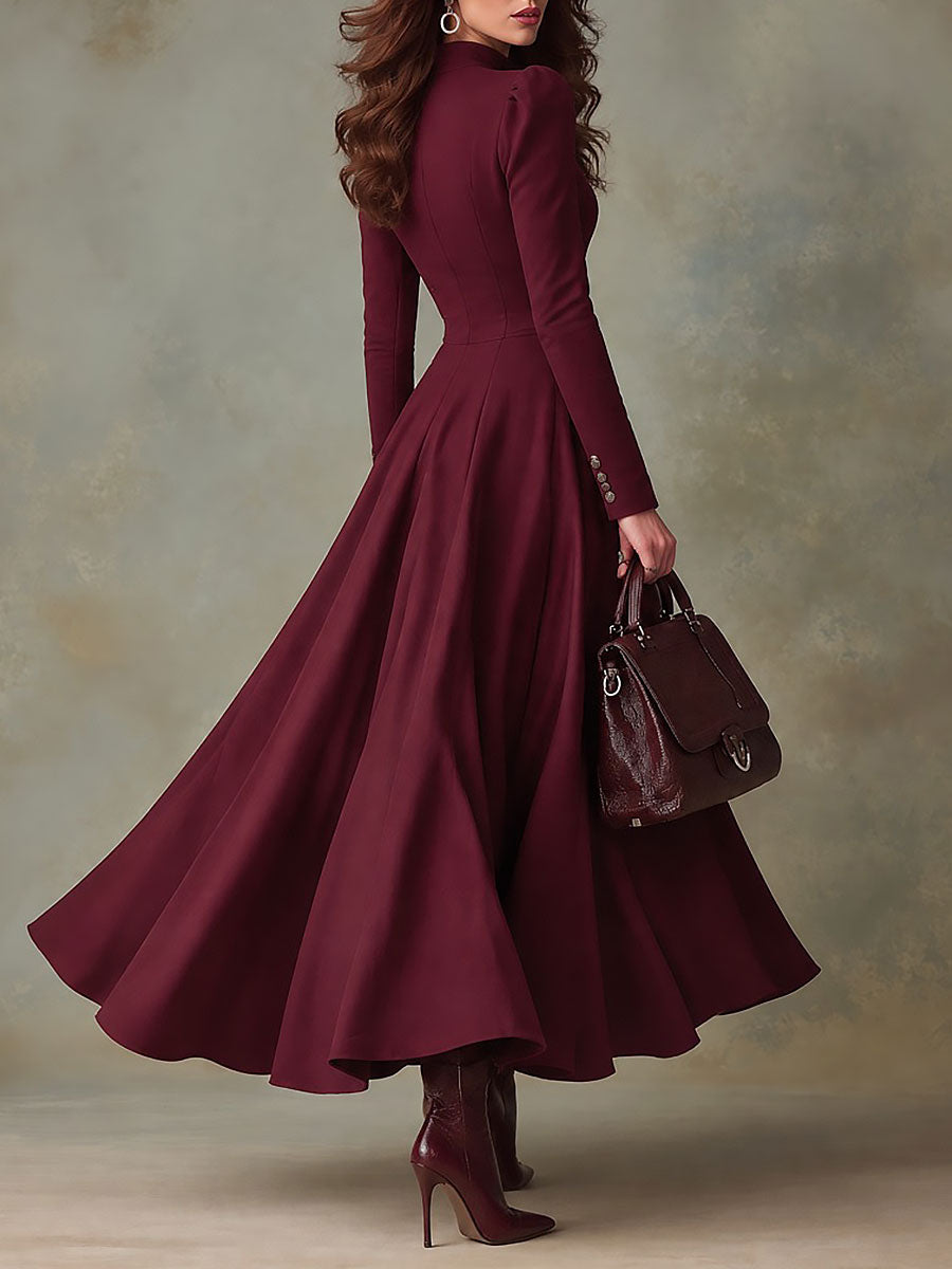 Retro Burgundy Stand Collar Puff Sleeve Maxi Dress with Double-Breasted Button