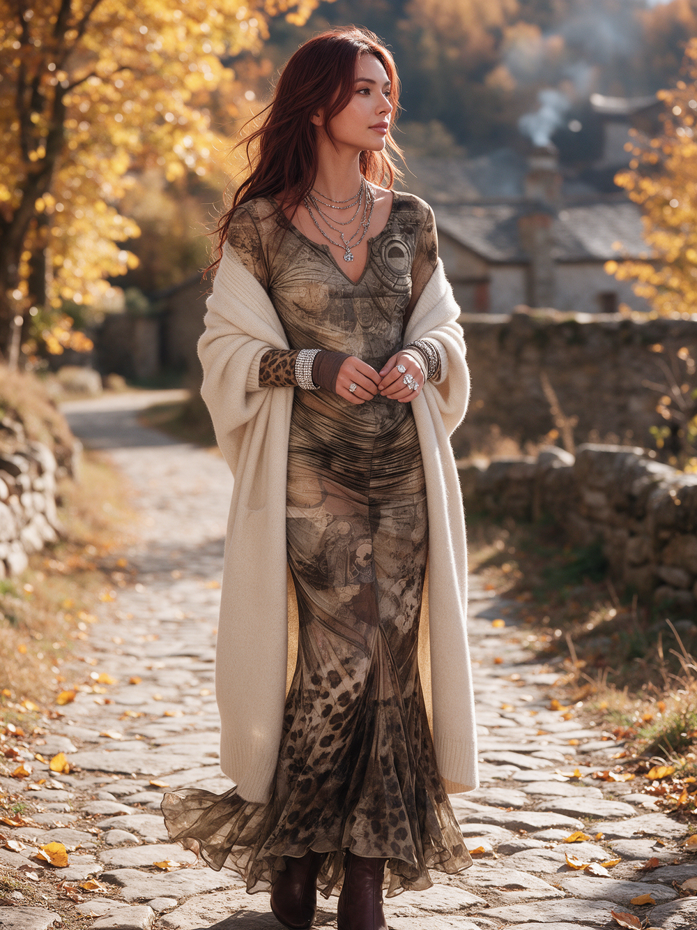 Women's Khaki Vintage Leopard Print Long Sleeve V-Neck Ruched Mermaid Maxi Dress