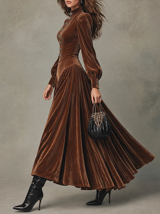 Vintage Brown Velvet Puff Long Sleeves Maxi Dress with Button Front