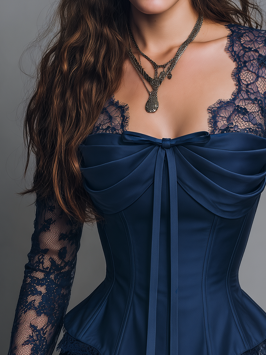 Romantic Navy Blue Lace Sleeve Bow Detail Corset Peplum Top