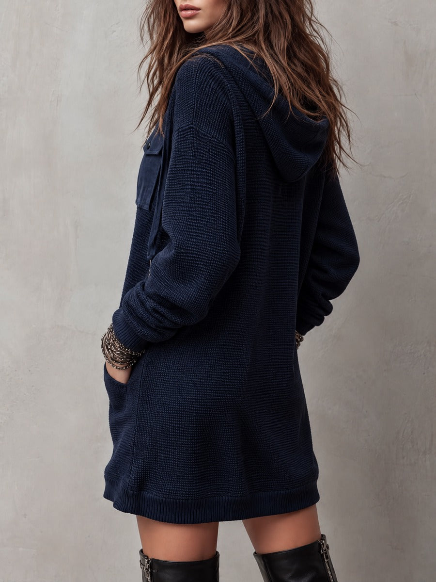 Vintage Half-Zip Hooded Waffle Knit Sweater Mini Dress