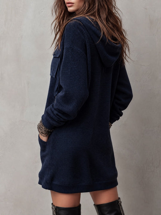 Vintage Half-Zip Hooded Waffle Knit Sweater Mini Dress
