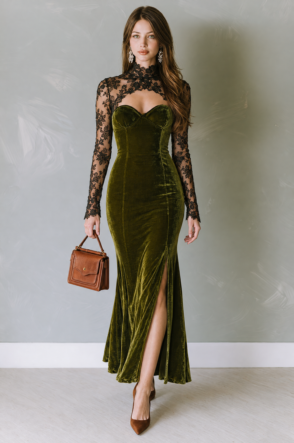 Retro Elegant Olive Green Velvet Mermaid Maxi Dress With Black Lace Panel