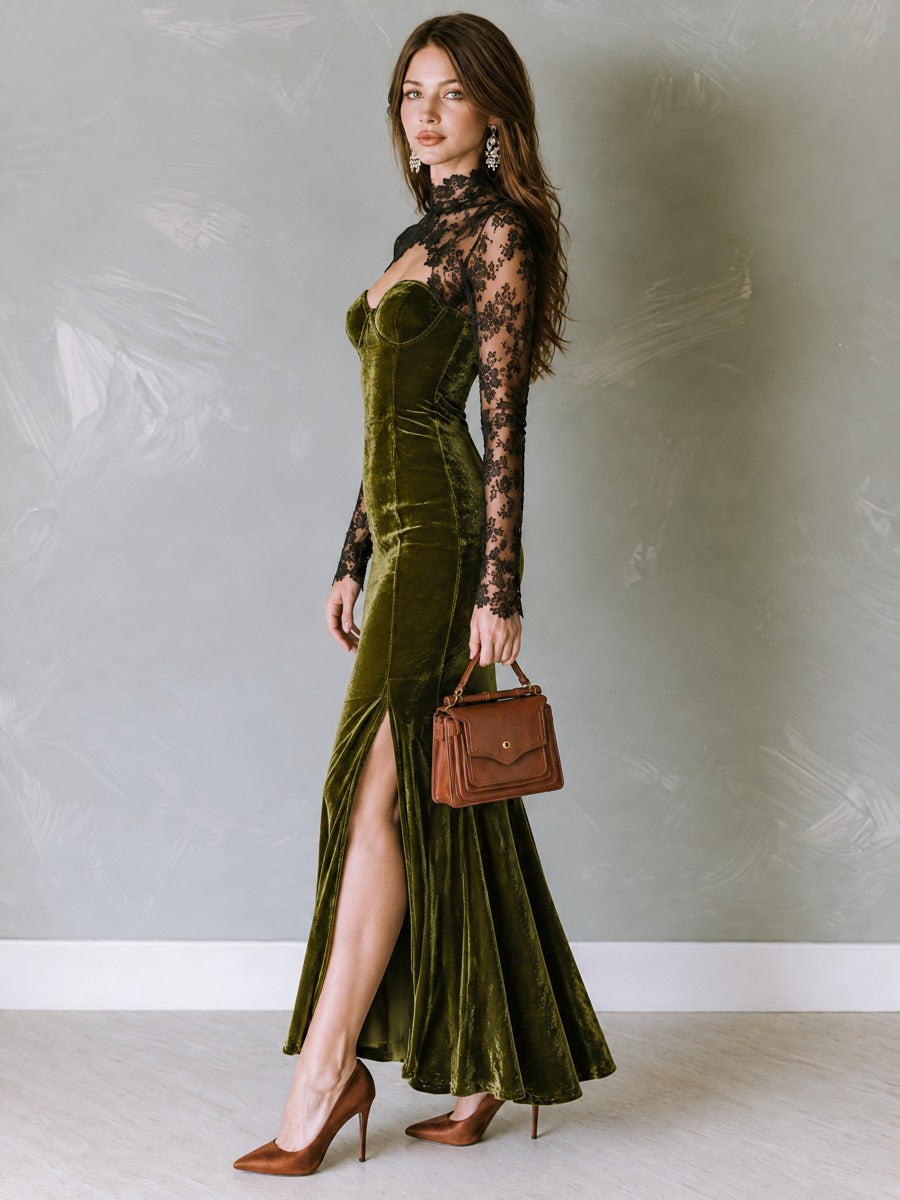Retro Elegant Olive Green Velvet Mermaid Maxi Dress With Black Lace Panel