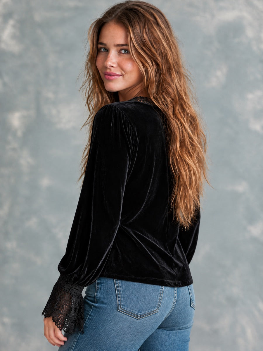 Boho Black Velvet Lace Trim Button-Front Long Sleeve Blouse