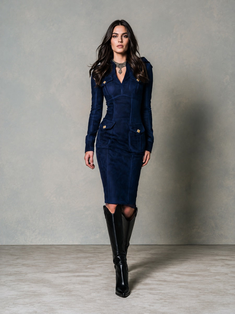Retro Navy Blue Microsuede Gold-Tone Studs Midi Dress With Flap Pockets