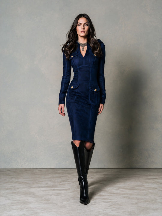 Retro Navy Blue Microsuede Gold-Tone Studs Midi Dress With Flap Pockets