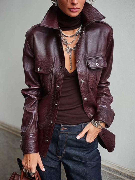 Women's Burgundy Texture Faux Leather Shirt Jacket