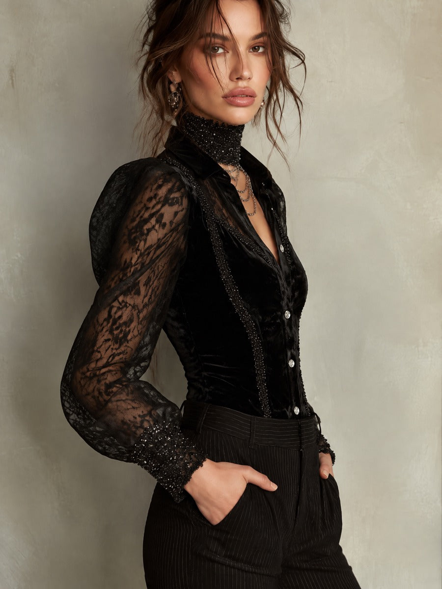 Vintage Lace Puff Sleeves And Beaded Trim Polyester Velvet Blouse