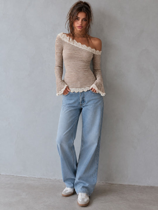Cream Brown Striped Lace Trim Off-Shoulder Bell Sleeve Fitted Knit Top