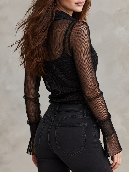 Chic Black Sheer Mesh Glitter Stripe Shirt With Flared Ruffle Flared