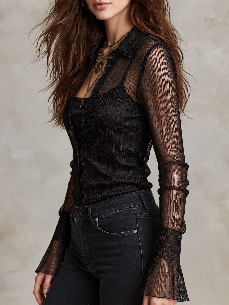 Chic Black Sheer Mesh Glitter Stripe Shirt With Flared Ruffle Flared