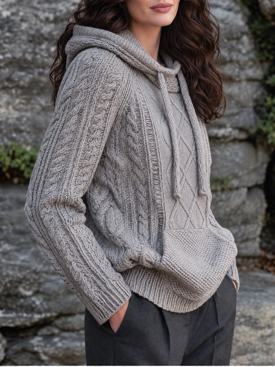 Grey Cable Knit Drawstring Hooded Pullover Sweater With Kangaroo Pocket