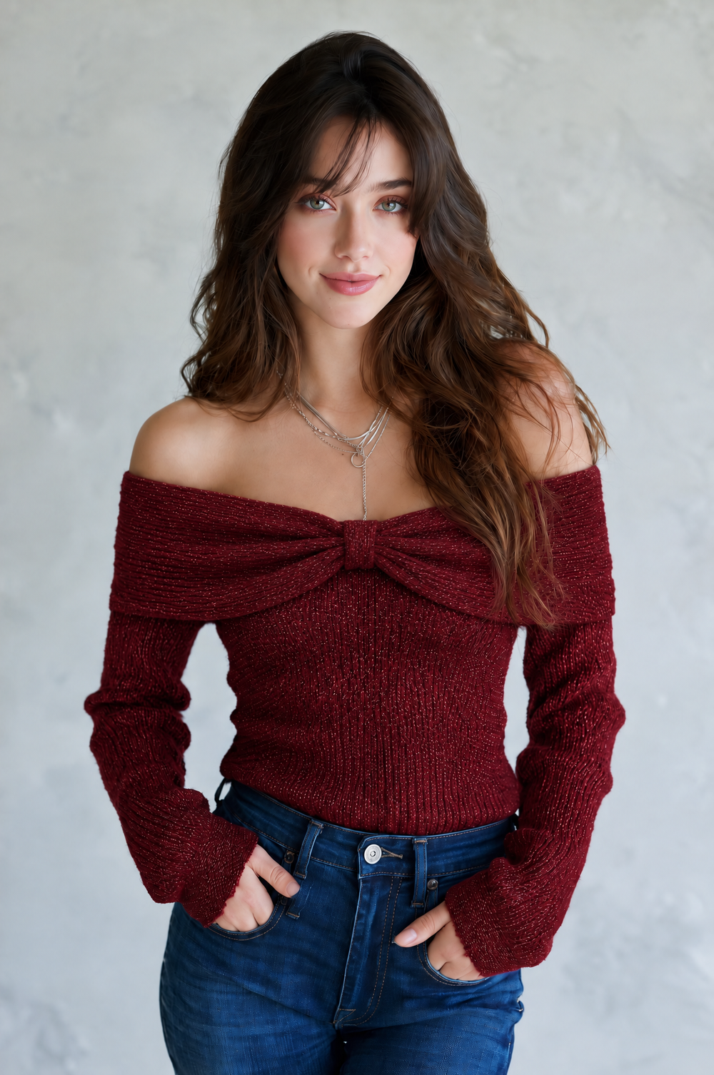 Boho Burgundy Off-Shoulder Bow Knot Sparkle Knit Sweater