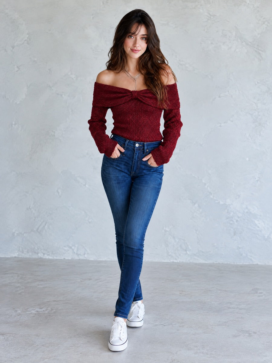 Boho Burgundy Off-Shoulder Bow Knot Sparkle Knit Sweater