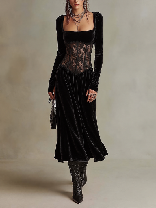 Black Velvet Square Neck Long Sleeve Midi Dress with Sheer Lace Corset Waist
