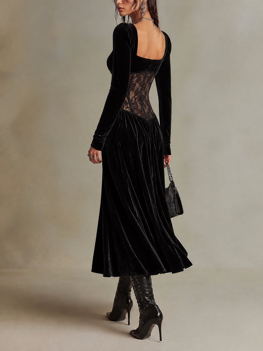 Black Velvet Square Neck Long Sleeve Midi Dress with Sheer Lace Corset Waist