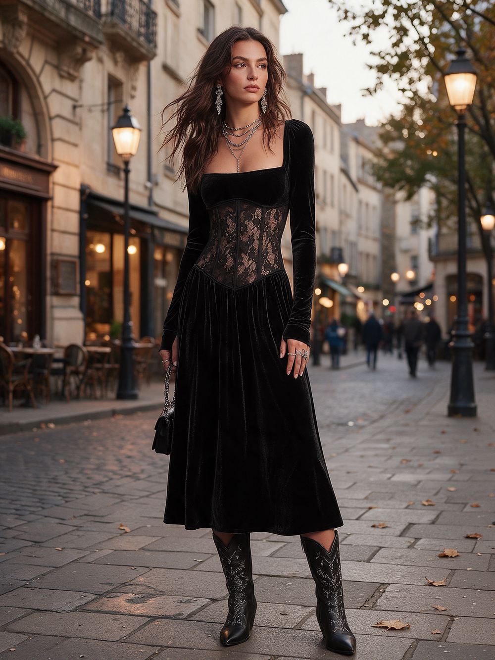 Black Velvet Square Neck Long Sleeve Midi Dress with Sheer Lace Corset Waist