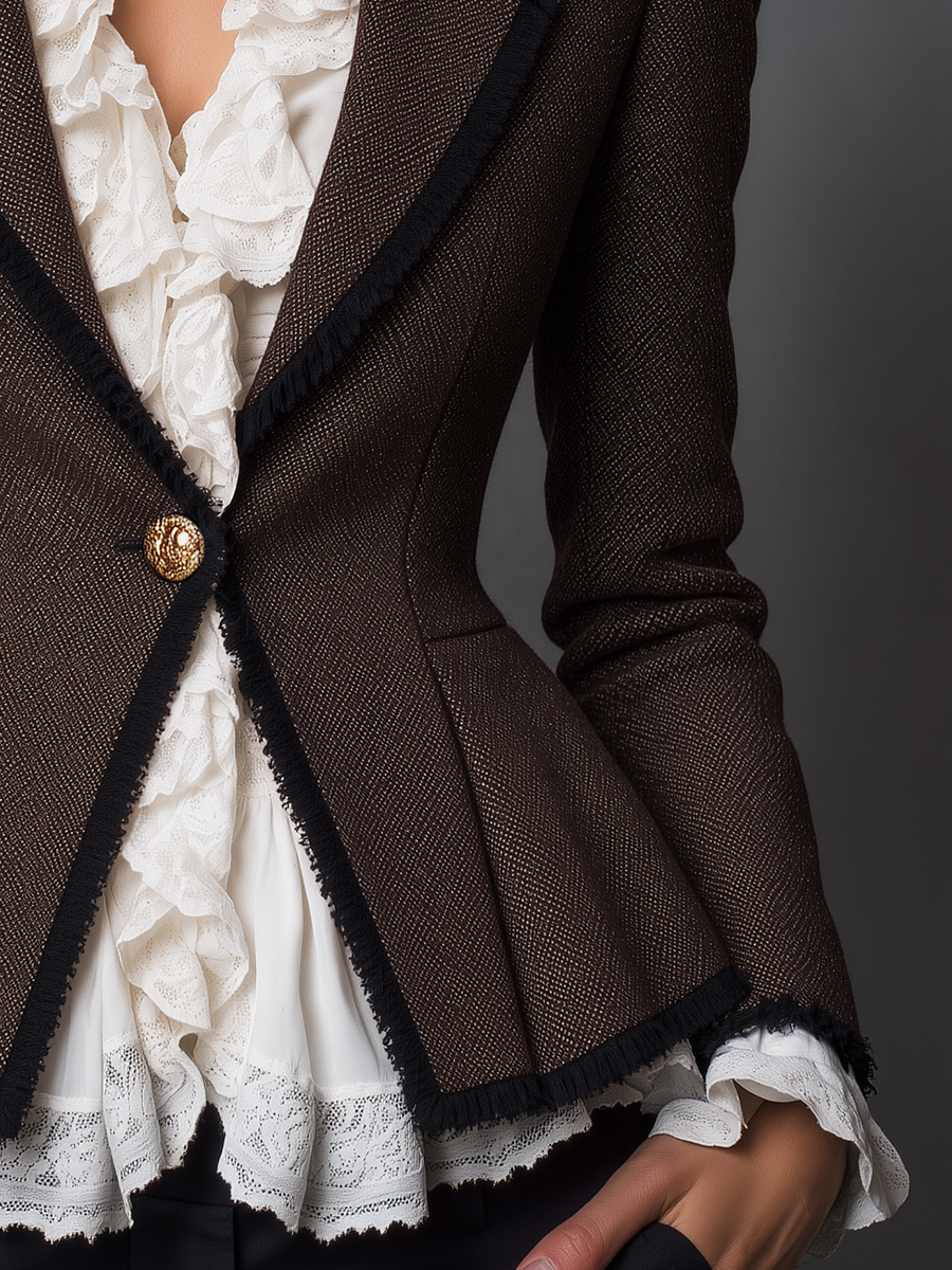 Elegant Dark Brown Contrast Trim Single Button Peplum Blazer