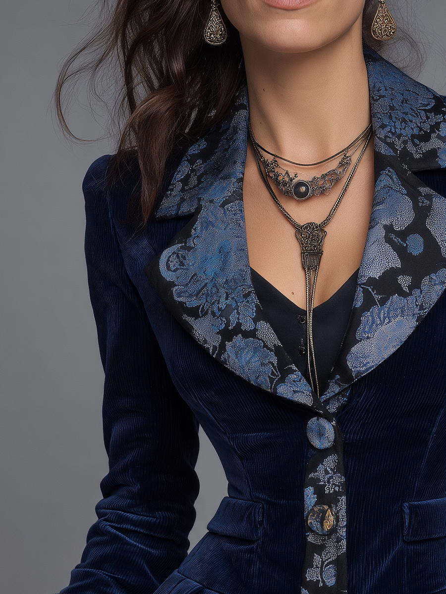 Vintage Navy Blue Corduroy Floral Jacquard Lapel Peplum Blazer