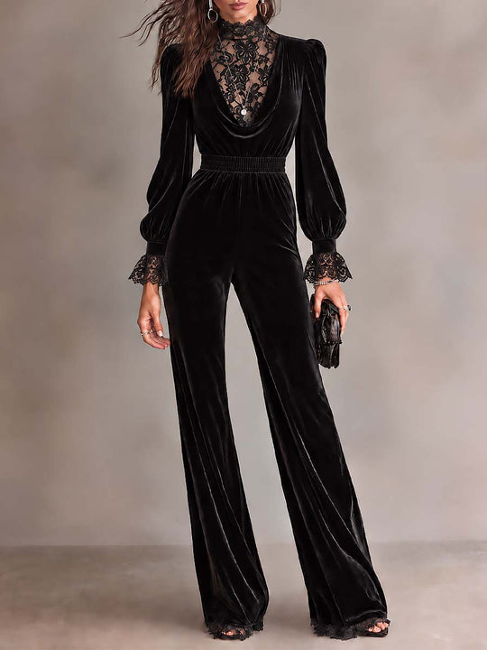 Women's Black Velvet cowl neckline Jumpsuit with Lace High Neck