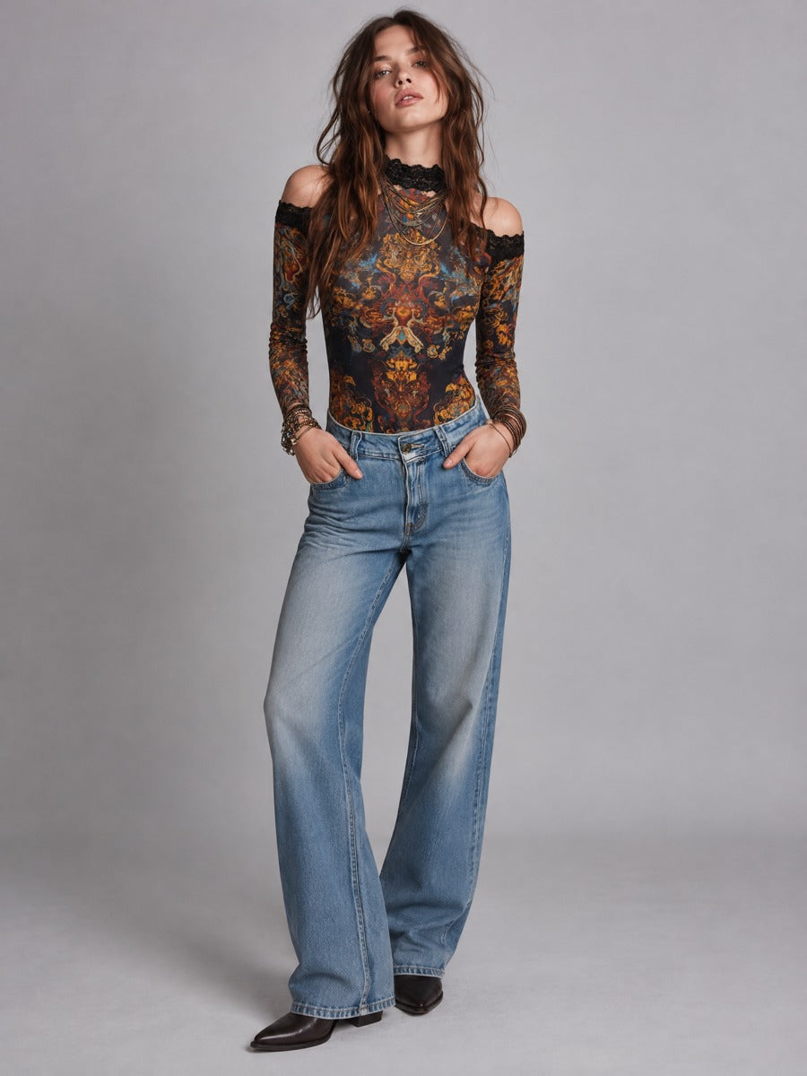 Women's Baroque Print Cold Shoulder Long Sleeve T-shirt