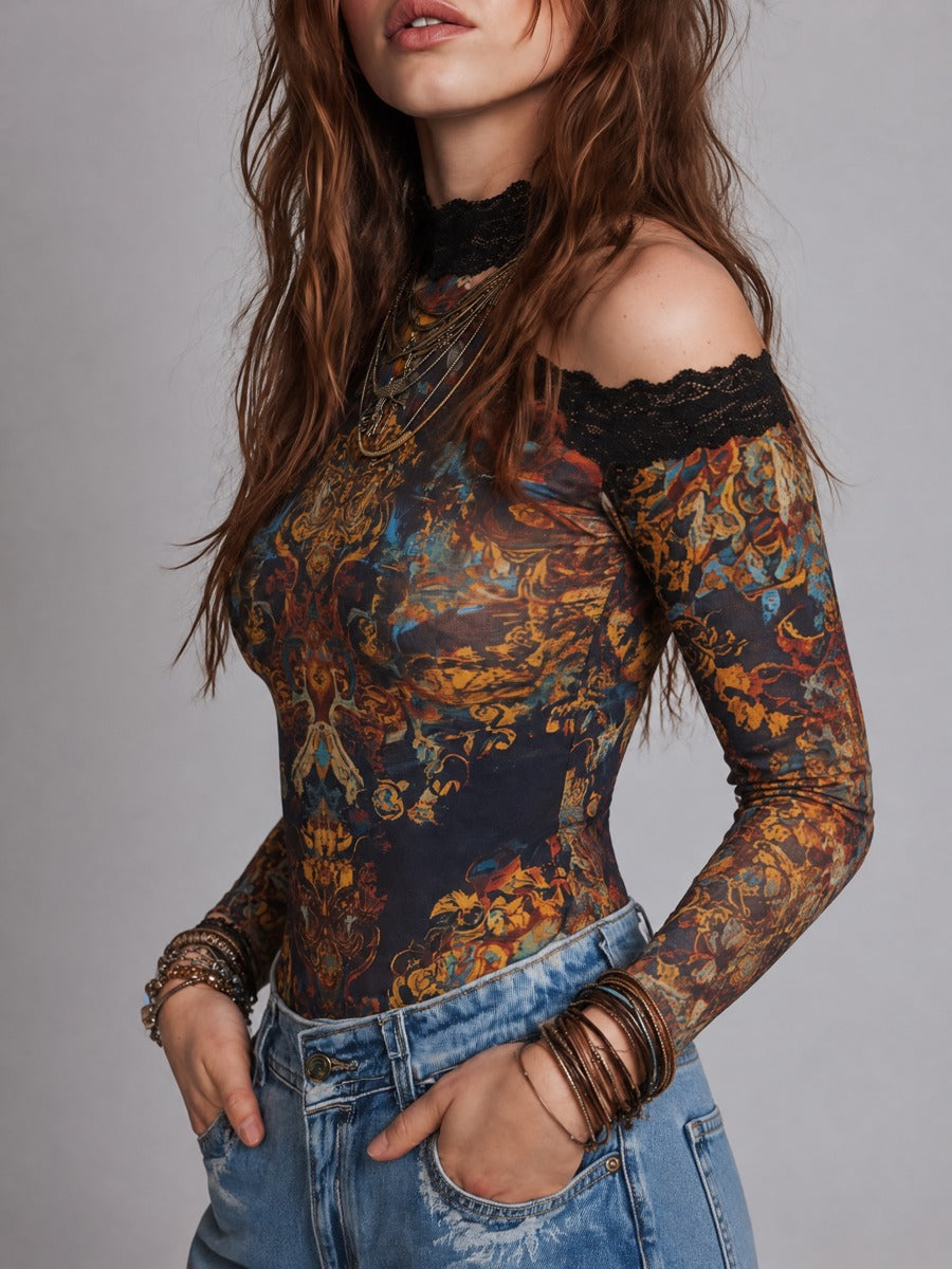 Women's Baroque Print Cold Shoulder Long Sleeve T-shirt