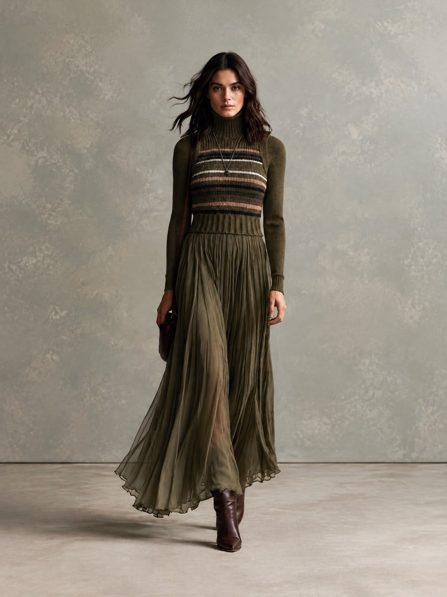Boho Olive Green Turtleneck Striped Knit Paneled Pleated Chiffon Maxi Dress