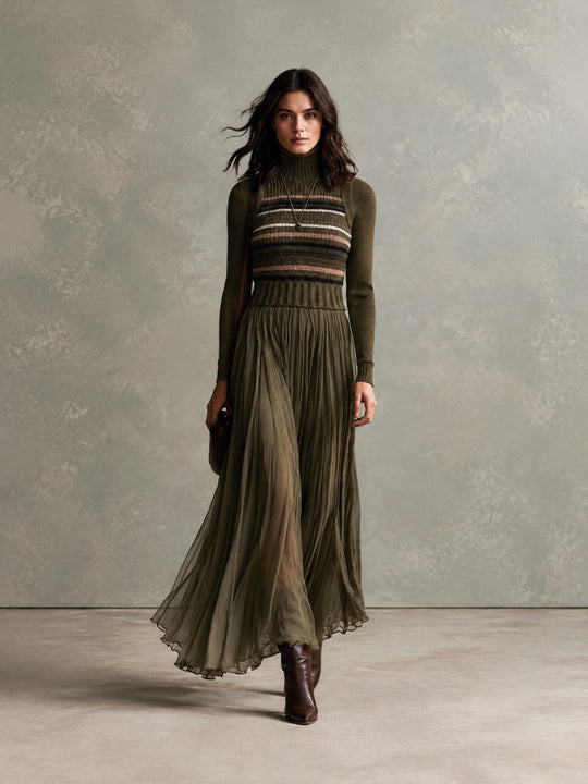 Boho Olive Green Turtleneck Striped Knit Paneled Pleated Chiffon Maxi Dress