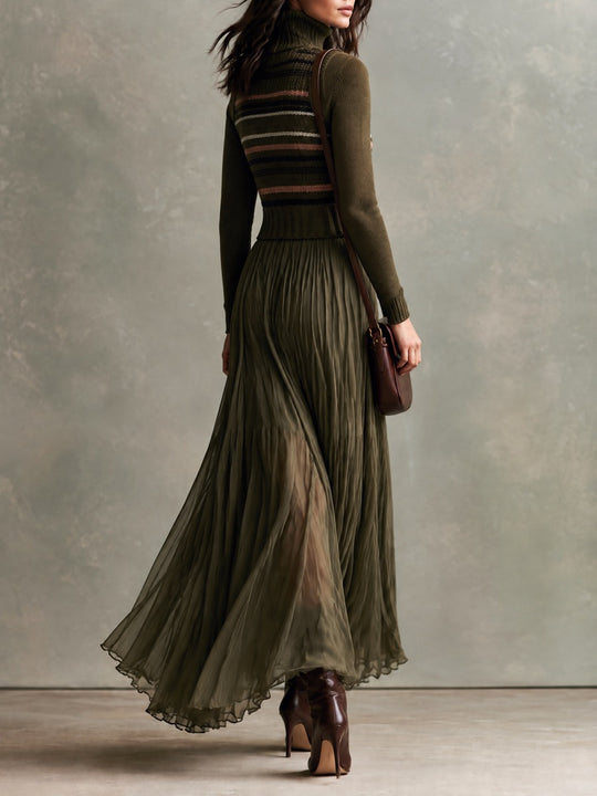 Boho Olive Green Turtleneck Striped Knit Paneled Pleated Chiffon Maxi Dress